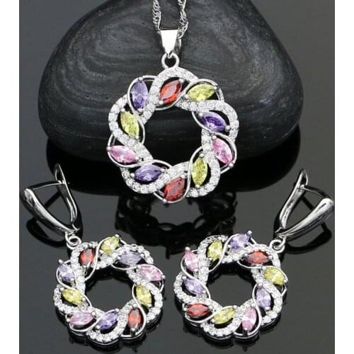 925 Sterling Silver Bridal Jewelry Sets Multicolor Cubic Zirconia Earrings/Necklace/Pendant Set For Women Wedding Accessories