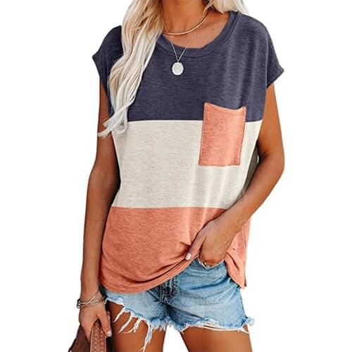 2021 Summer New Contrast Color Patchwork Short Sleeve O Neck T Shirt Women Casual Loose Pocket Plus Size Streetwear Tops