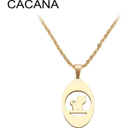 CACANA Stainless Steel Necklace For Women Man Thinking Cat Pendant Choker Necklace Engagement Jewelry