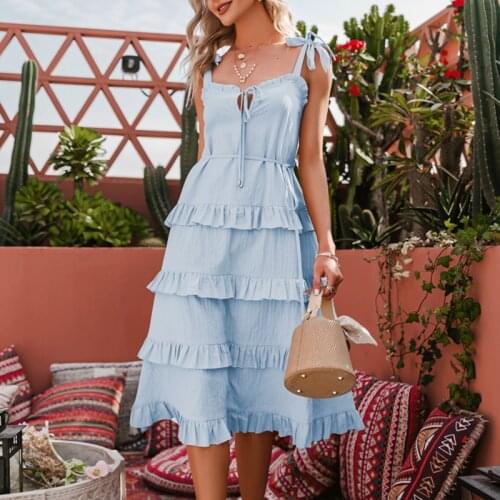 GypsyLady Casual Chic Strappy Midi Dress Tie Lace Up Ruffle Summer Holiday Dress Cotton Layer Backless Sexy Ladies Women Dresses