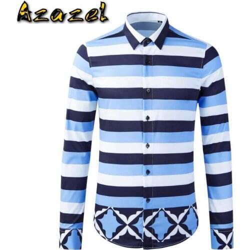 Azazel Mens Shirts High Quality Stripes Digital Printing Long Sleeve Male Shirts Fashion Slim Fit Party Mens Dress Shirts 3XL