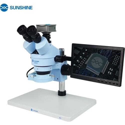 SUNSHINE Trinocular Stereo Microscope With Big Base Table Pillar Stand 7X-45X Zoom for LAB Phone PCB Tiny Repair