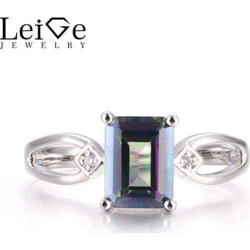 Leige Jewelry Topaz Engagement Rings Real Mystic Topaz Rings Rainbow Topaz Rings Emerald Cut Rainbow Stone 925 Sterling Silver