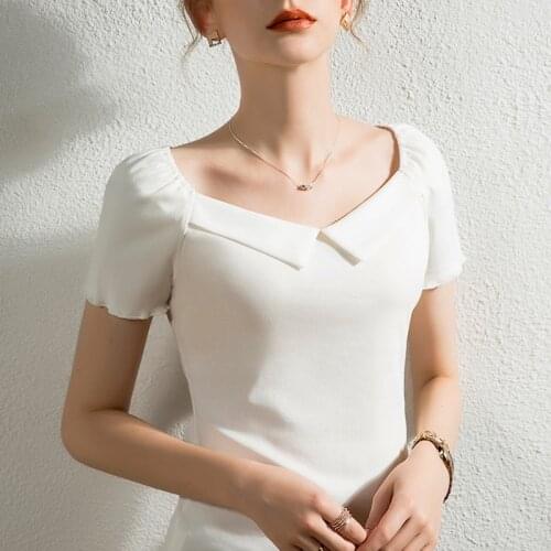 Womens top Lady Cotton short sleeve Square Collar top woman tshirt all match Elegant casual Basic t-shirt