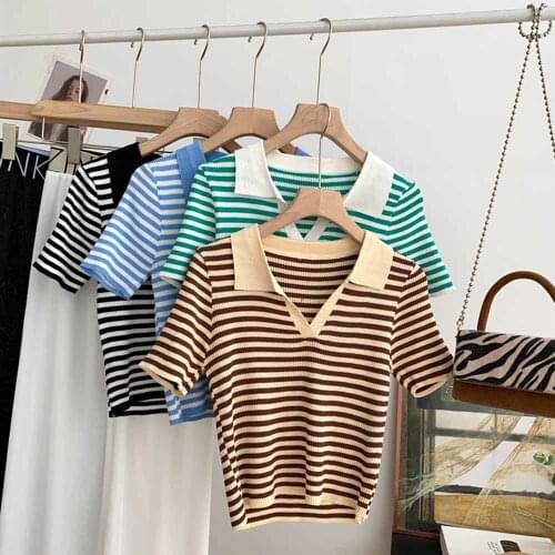 Korean Striped Short Slim T Shirt Women 2021 Summer Contrast Color Turn Down Collar Casual Tees Fashion Wild Tops