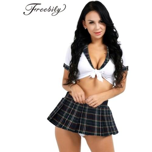 Womens Sexy Schoolgirl Cosplay Sleepwear Nightclub Crop Top with Plaid Mini Skirt Ladies Cosplay Halloween Erotic Sexy Costume
