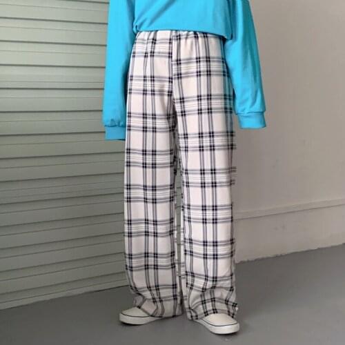 Zoki Fashion Plaid Women Pants Simple Loose Straight Leg Wide Leg Casual Slim and Thin Korean Mujer Pantalones Street Summer New