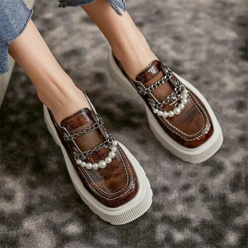 PXELENA 2021 Trendy Metal Chain String Beads Loafers Women Genuine Leather Chunky Thick Sole Platform Shoes Square Toe Comfort