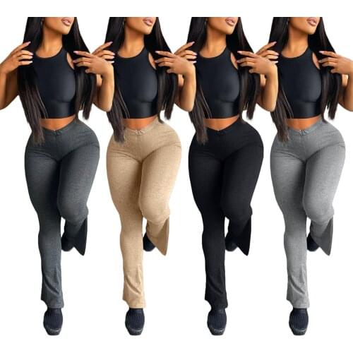 Ladies Sexy Split Flared Trousers, Summer Autumn Girls Solid Color Mid Waist Slim Long Pants for Shopping Dating