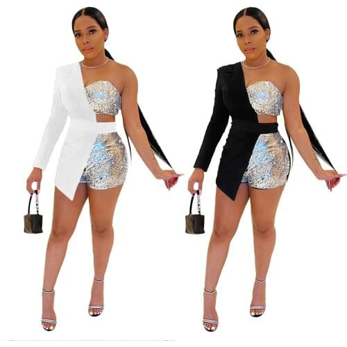 Echoine Sexy Sequin Tube Top Unilateral Long Sleeve One-piece Shorts Fall Woman Fashion Stitching Club Party Rompers Streetwear