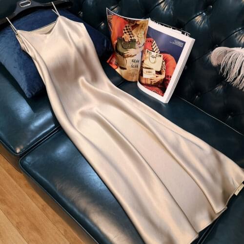 Spaghetti Strap Sexy Imitation Silk Dress Luxury Shiny Sundress Satin Sleeveless Dress 2021 Women Straight Solid Green 13115