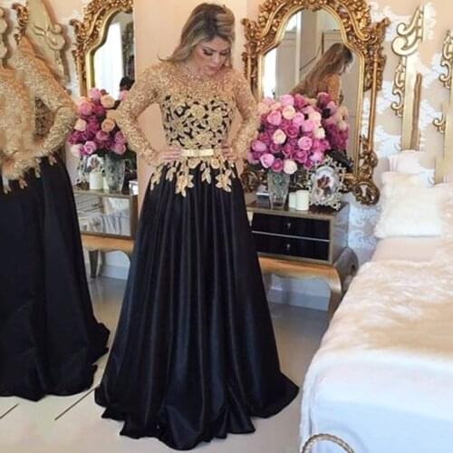 2021 New Elegant Stylish Long Sleeves A Line Prom Dresses Gold Applique Black Evening Gown With Belt Satin Formal Prom Dress