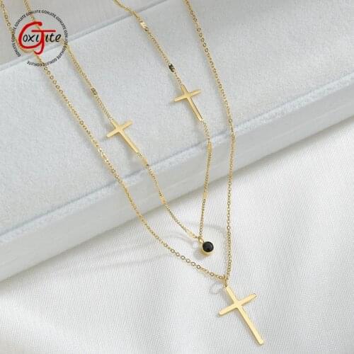 Goxijite Women Double Layer Simple Necklace Stainless Steel Cross And Stone Charming Ladies Necklaces Blessing Jewelry Gift
