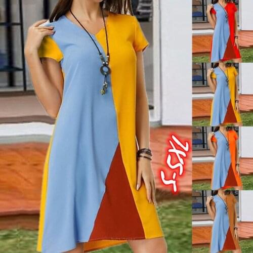 Summer Holiday Color Patchwork Mini Dress Woman Casual Round Neck Basic Loose Vacation Workout Dresses For Women 2021 Vestidos