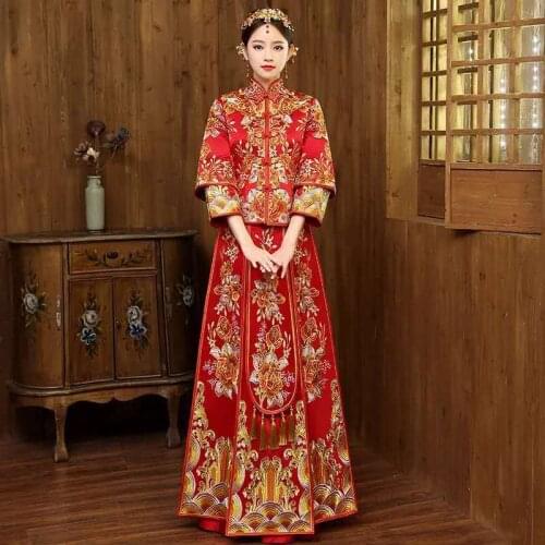 Chinese Women Toast Clothing Wedding Dress Cheongsam Exquisite Floral Embroidery Vintage Bride Costume Elegant Qipao S-XL