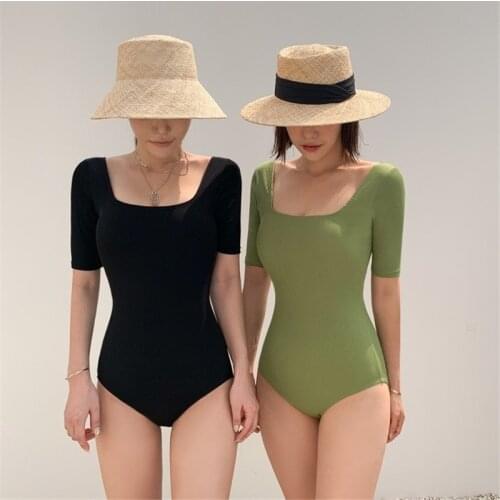 2021 Korean Solid Color Sexy Open Back Cover Belly Slimming Sleeves Conservative One-piece Swimsuit