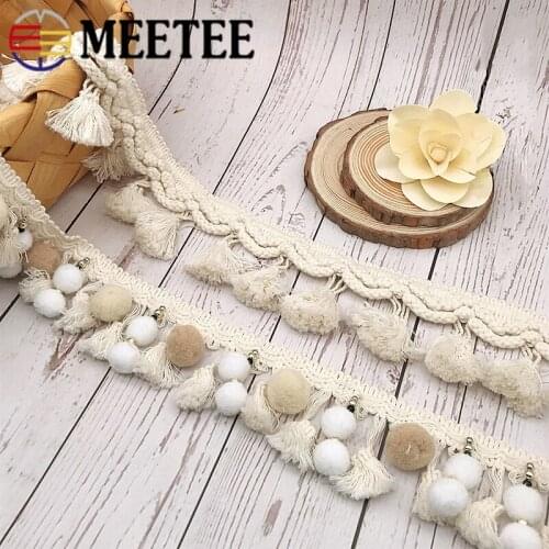 5Yards Meetee 5.5cm\6cm White Cotton Tassel Lace Webbing Fabric Handmade Beaded Ball Diy Clothing Decoration Sewing Accessories