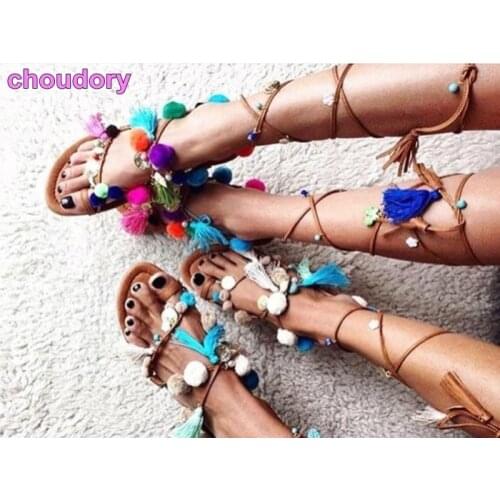 Bohemia tassel lace up women sandals flat with Calf cross strappy pom pom sandals Bead hairball cut-outs clip toe footwear