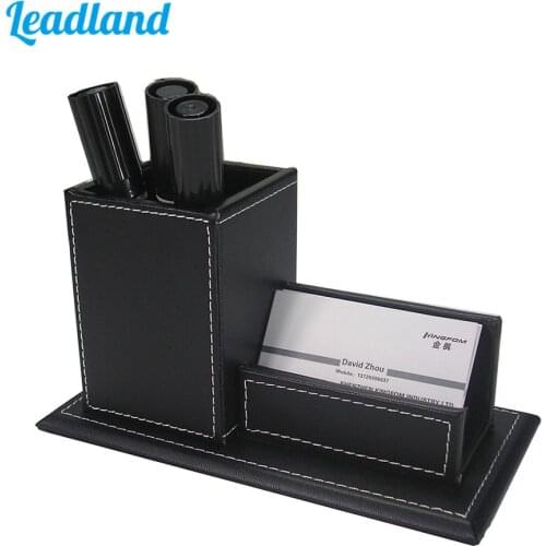PU Leather Business Card Holder Stand with Pen Marker Holder Box Office Supplies Desk Organizer