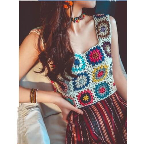 Happie Queens women solid hollow out sleeveless crop tops beach bohemian vest boho beach knitted camis