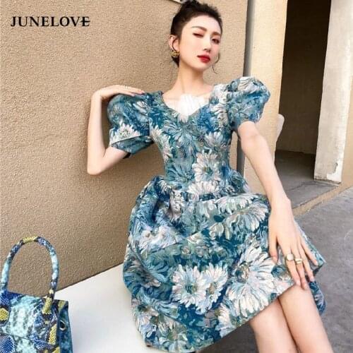 JuneLove French Vintage Print Party Blue Dresses Women Korean Style Sweet Cute Dress A-line Puff Sleeve Retro Dress Sunmmer 2021
