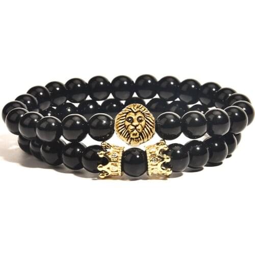 Classic Lion Crown Charm Bracelet Natural Stone Bead Bracelet For Men Women Couple Jewelry Gift