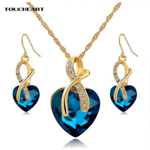 TOUCHEART Charms Wedding Beads Jewelry Set Crystal Gold color Heart Statement Necklaces Earrings Women Blue Jewelry Set140044
