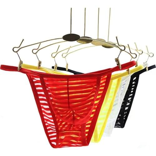 Men Sexy Briefs Adult Breathable Mesh Striped Elastic Low Waist Spandex Moisture Wicking Underwear Gay Underpants