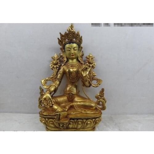 Song voge gem S0615 12.5 Tibet purple Copper Gild Green TaRa Guan Yin Kwan-Yin Goddess Buddha Statue