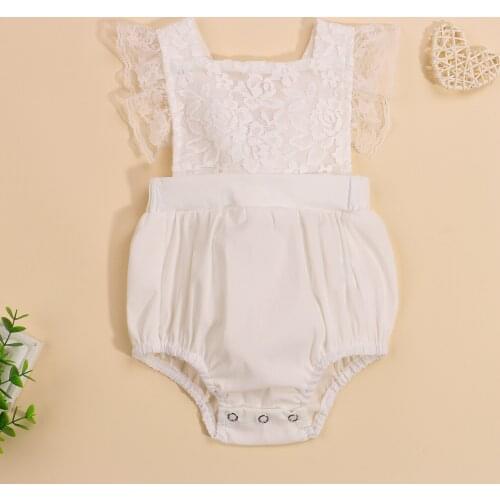 Princess Baby Girls Bandage Bodysuits Lace Romper White Solid Ruffles Fly Sleeves Jumpsuits Cotton Toddler Infant Clothes
