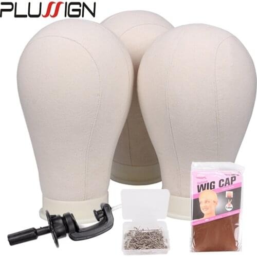 Plussign Professional Canvas Block Manequin Manikin Head With Wig Stand Clamp and Pins For Hair Weave Wig Making Styling Display