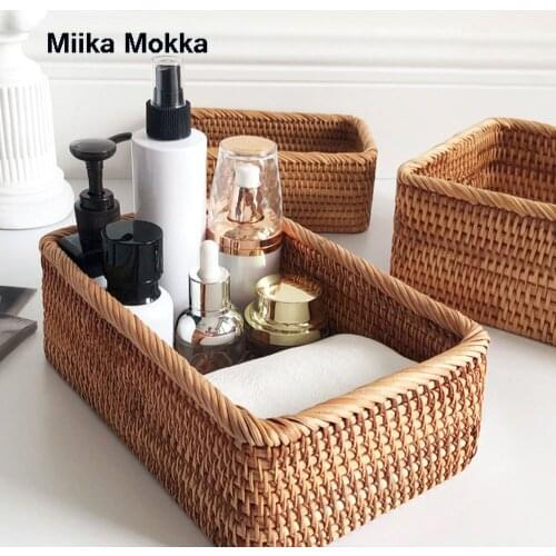 Hand-Woven Rectangular Rattan Wicker Basket Fruit Tea Snack Bread Picnic Cosmetic Storage Box Kitchen Supplies Household Tools