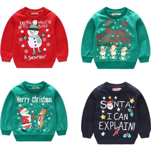 Christmas T-shirt Baby Girls Reindeer Santa Print Spring Fall Outfit Sweater Long Sleeve Sweatshirt Kids Boys Top Coat Pullover