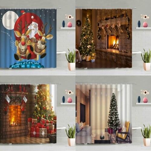 Christmas Shower Curtain Santa Claus Elk Gift Box Trees Party Background Decor Cloth Bathroom Bathtub Screen Washable With Hooks
