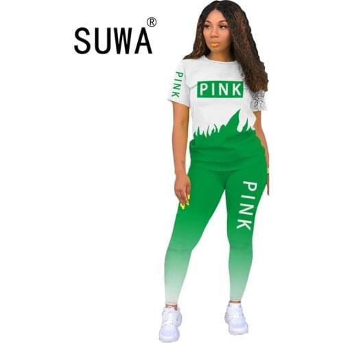 Gradient PINK Letter Print Sporty Tracksuit Women 2 Two Piece Suits O Neck Short Sleeve T-shirts Skinny Legging Casual Outfits