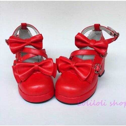 Princess sweet lolita shoes Lolita style Japanese design customized shoes red bow special shaped buckle square root shoes an9812