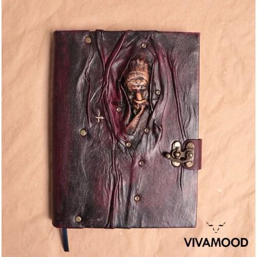 Vintage Leather Journal & Notebook Wooden Sculpture Embossed Notepad - Leather Diary With Lock - Poetry Leather Book - Travel Jo
