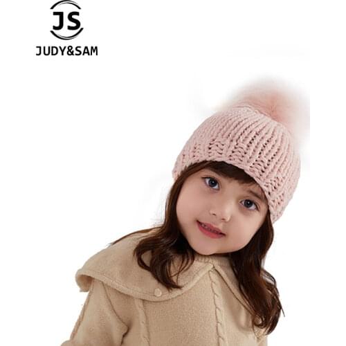 0-3 3-6Months Lovely Baby Handknit Beanie Hat with Fluffy Double Fur Pom Pom Fashion Caps for Girls