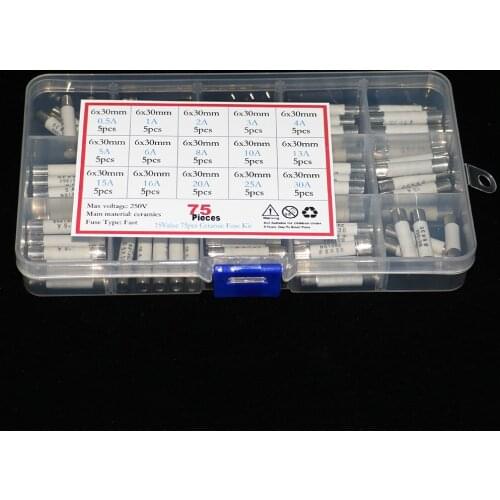 75pcs/Box 6mm x 30mm 250V Fast Blow Ceramic Fuse Assortment Kit 0.5A 1A 2A 3A 4A 5A 6A 8A 10A 13A 15A 16A 20A 25A 30A