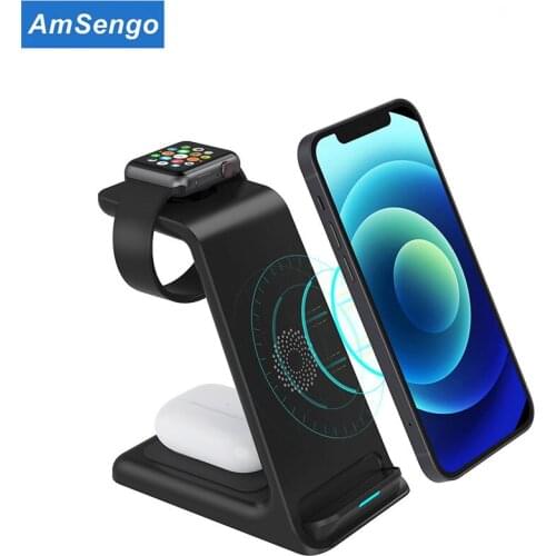 Amsengo 15W Qi Wireless Charger Stand For iPhone 12 11 Pro X 8 Fast Charging Dock Station Phone Charger For iWatch Airpods Pro