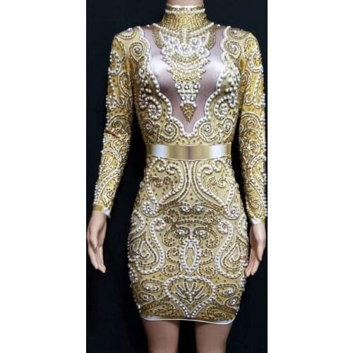 Sparkly Golden Rhinestones Pearls Long Sleeves Dress Bar Party Dance Dress Women Singer Clothes Birthday Celebrate Outfit Dress