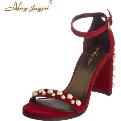 Women Sandals Ladies Shoes Flock Pearl Solid Super High Square heels Buckle Strap Sweet Wedding Leisure Fashion Nancyjayjii 2019