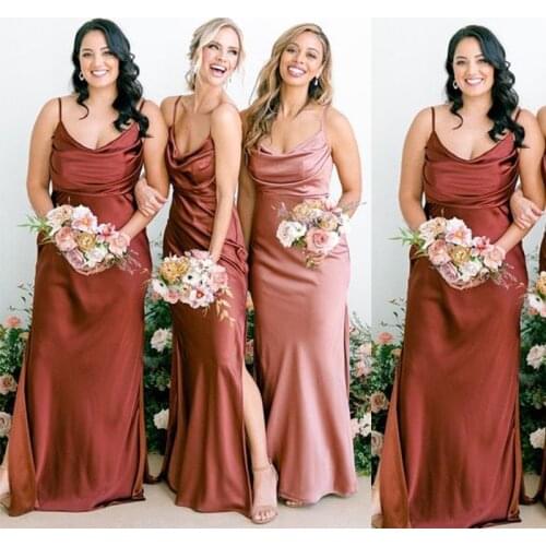Cheap Simple Rust Red Blush Pink Cowl Spaghetti Straps Long Beach Satin Bridesmaid Dresses