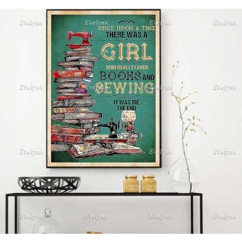 A Girl Who Really Loved Books And Sewing Art Sew Knitting Quilting Art Vintage Posters Home Decor Prints Wall Art Canvas Gift