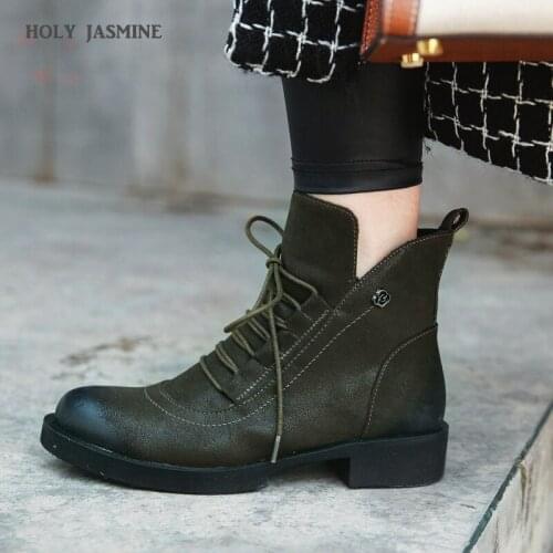 HOT Cow Suede Lace-Up Boots Winter Round Toe Retro Ankle Boots for Women Low (1cm-3cm) Women Shoes Rubber Flat with Work Shoes