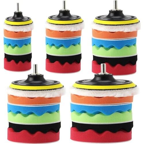 New 7Pc 3/4/5/6/7'' Car Polisher Polishing Waxing Buffing Woolen&Sponge Pads Kit