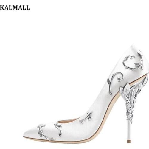 KALMALL Wedding Bridal Shoes Silk Eden Pumps Ornamental Filigree Leaves Spiralling Naturally Up Heels Evening Party Prom Shoes
