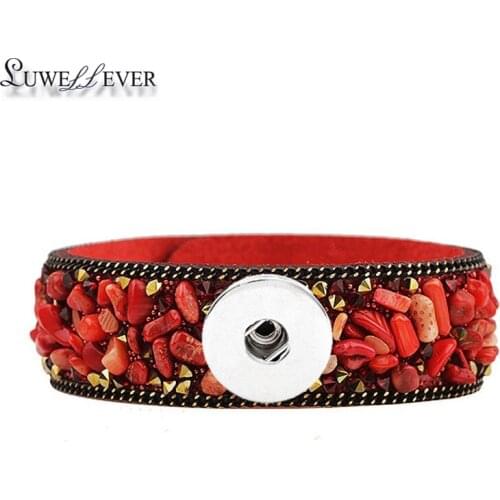 Candy Colors Natural Stone Crystal Velvet Leather Fashion 078 Bracelet Bangle 18mm Snap Button Charm Jewelry For Women Gift