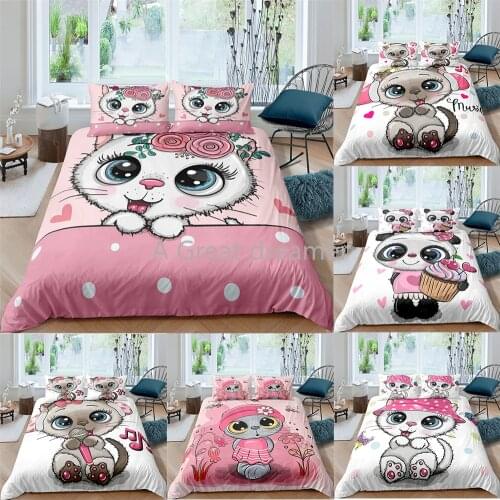 Cartoon Cat 3D Bedding Set Pink White Duvet Quilt Cover Set With Pillowcase King Queen Single Size Design Bed Linen Dropshipping