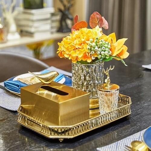 Tissue Box & Storage Tank Set With Tray Metal & Glass Material Bird or Deer Decoration Living Room Decoration Set Gold Finished
